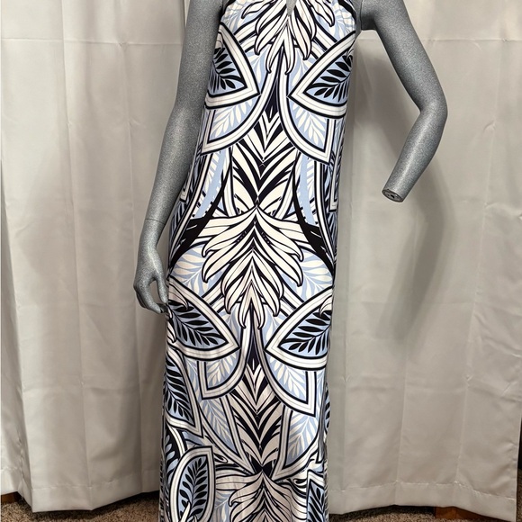 London Times Maxi Halter Sheath Dress Blue Resort Wear Tropical Silky Flowy Bold - Picture 1 of 9